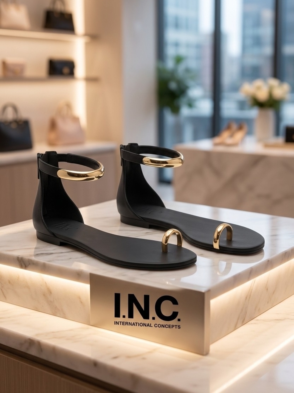 INC International Concepts Black Sandals with Gold Toe Loop & Ankle Cuff